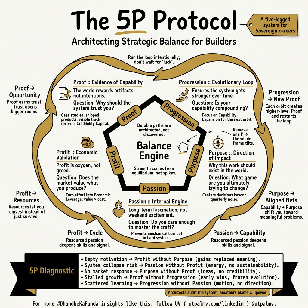 The 5P Protocol Sketchnote: A structural balance system for architecting durable careers and ventures through Proof, Profit, Passion, Purpose, and Progression."