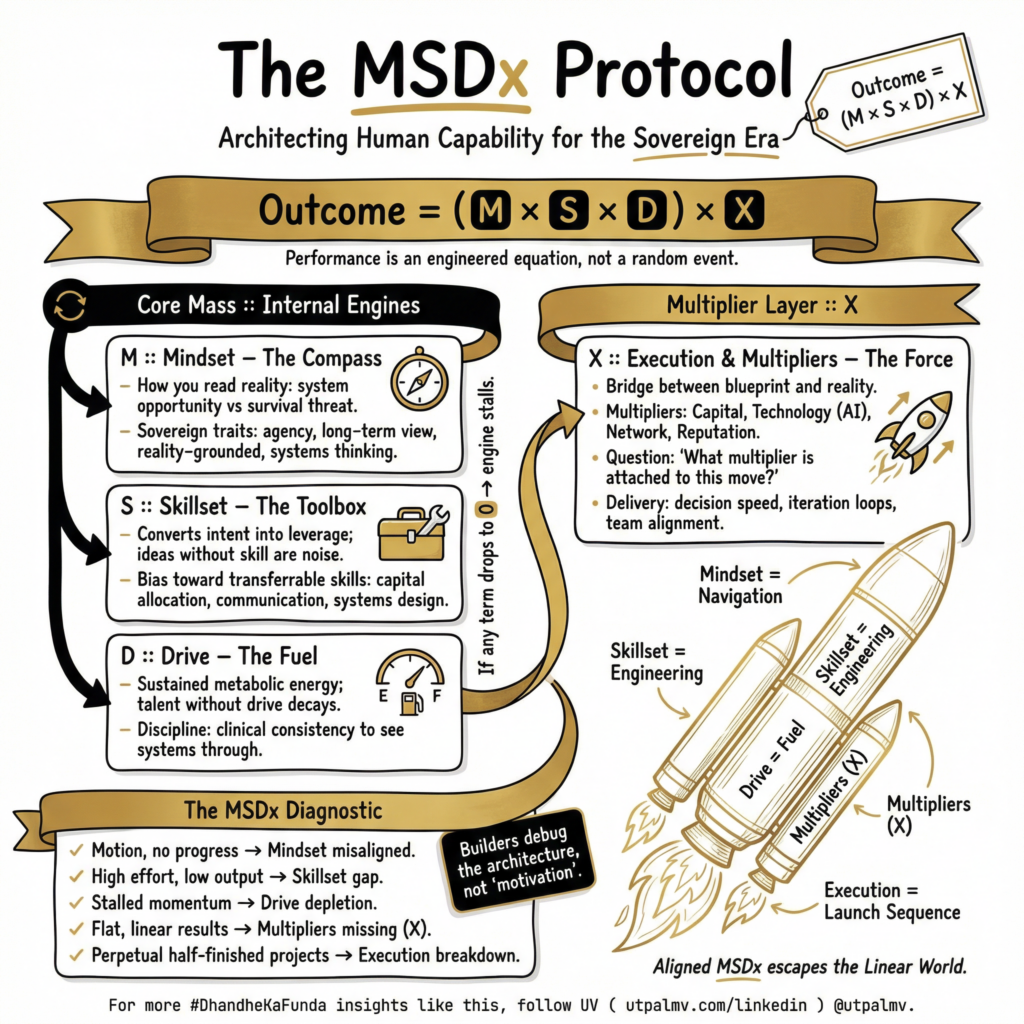 MSDx Protocol Sketchnote: A structural blueprint for Mindset, Skillset, Drive, and Exponential Execution.