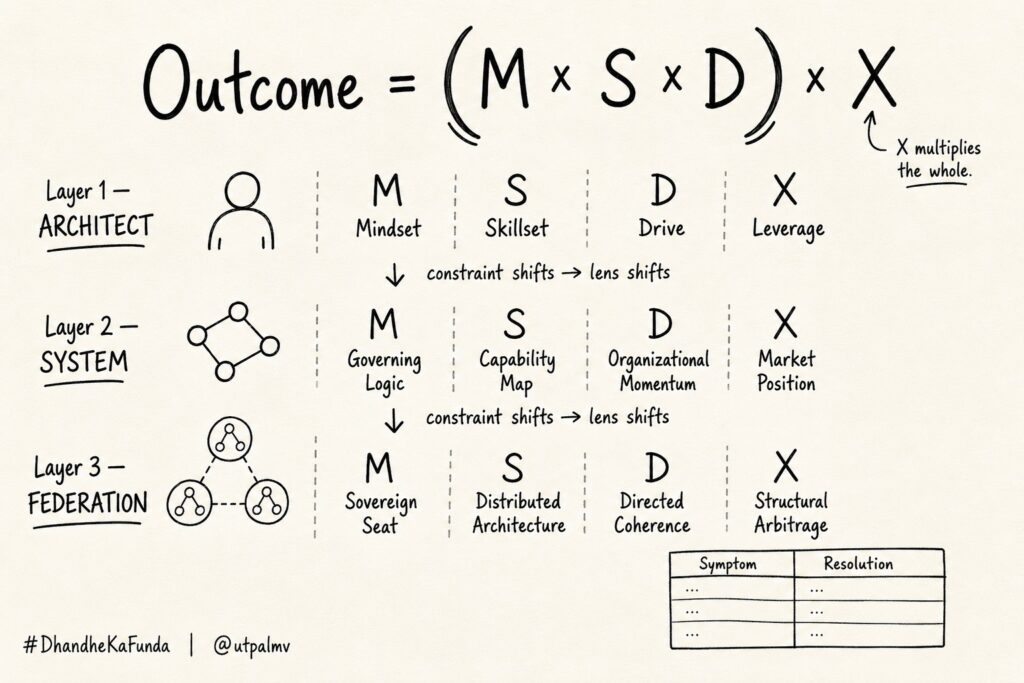 MSDx v2 sketchnote: a polymorphic systems thinking protocol operating at Architect, System, and Federation resolution.